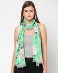 Women Green & Cream-Coloured Sequins Floral Printed Scarf